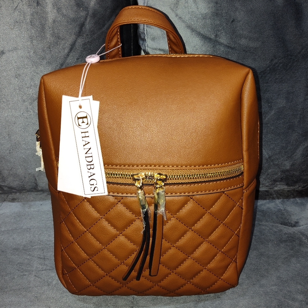 NWT E-HANDBAGS VEGAN QUITTED BROWN LEATHER 3-WAY TOTE BACKPACK & SHOULDER BAG